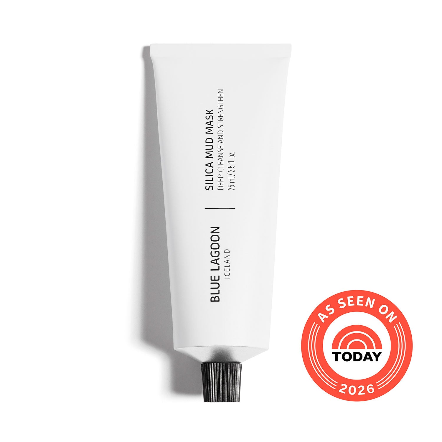 White tube of Blue Lagoon Silica Mud Mask with 'As Seen on Today 2026' badge on a white background