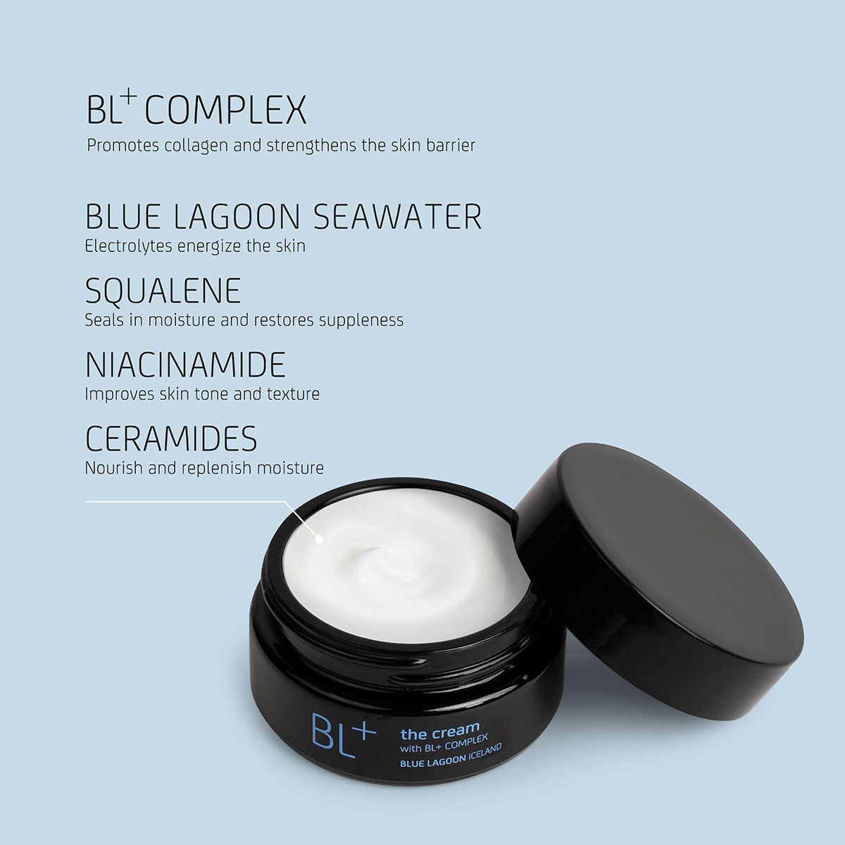 BL+ The Cream jar with lid beside it on light blue background with ingredient list