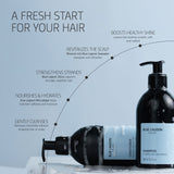 Shampoo bottles on light blue background with illustrated benefits for cleansing, hydration and scalp care