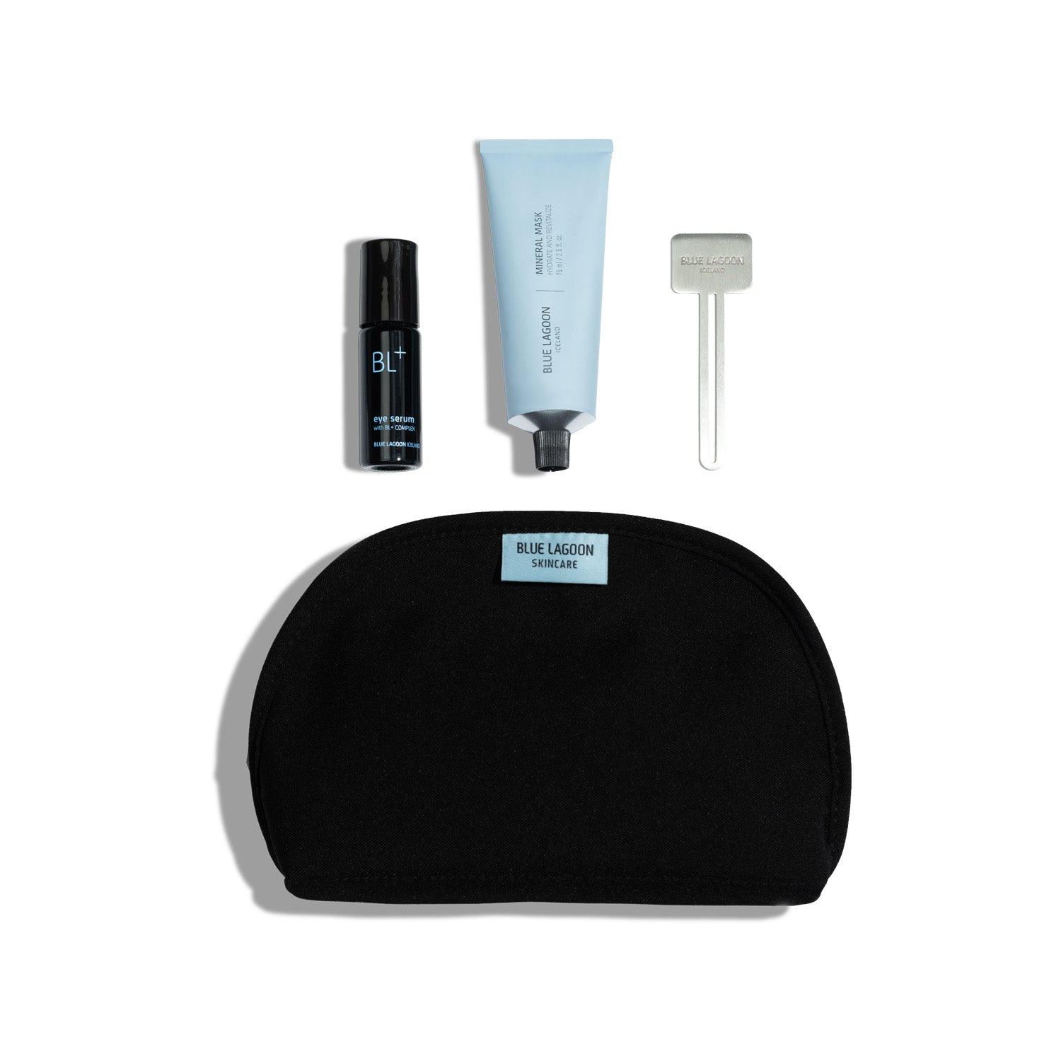 Best Of Beauty Winners set with Blue Lagoon Skincare products arranged in front of a black cosmetic bag