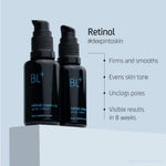 Two BL+ Retinol Cream 0.3% bottles displayed side by side on a light pedestal