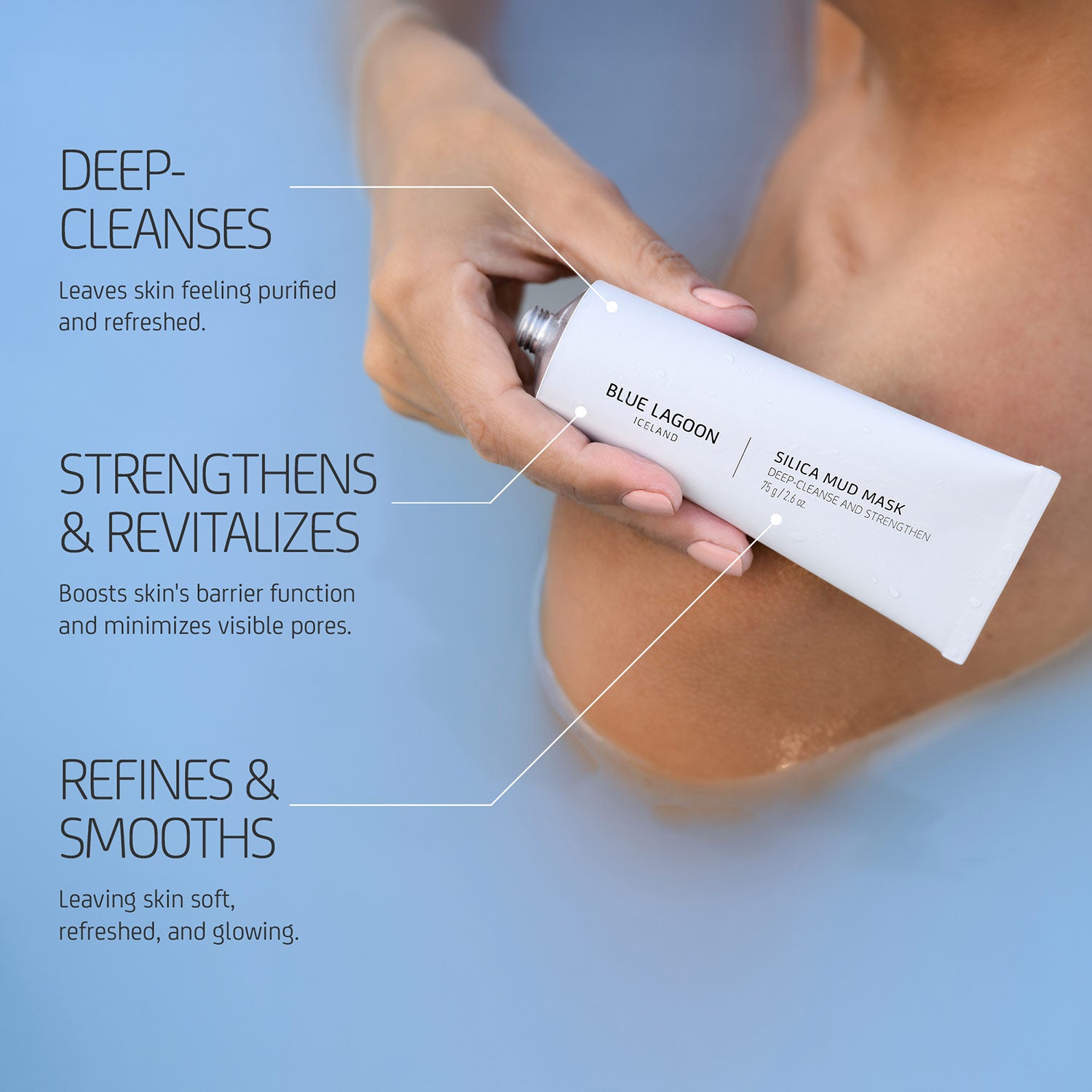 Product image of Silica Mud Mask held in hand with highlighted benefit callouts