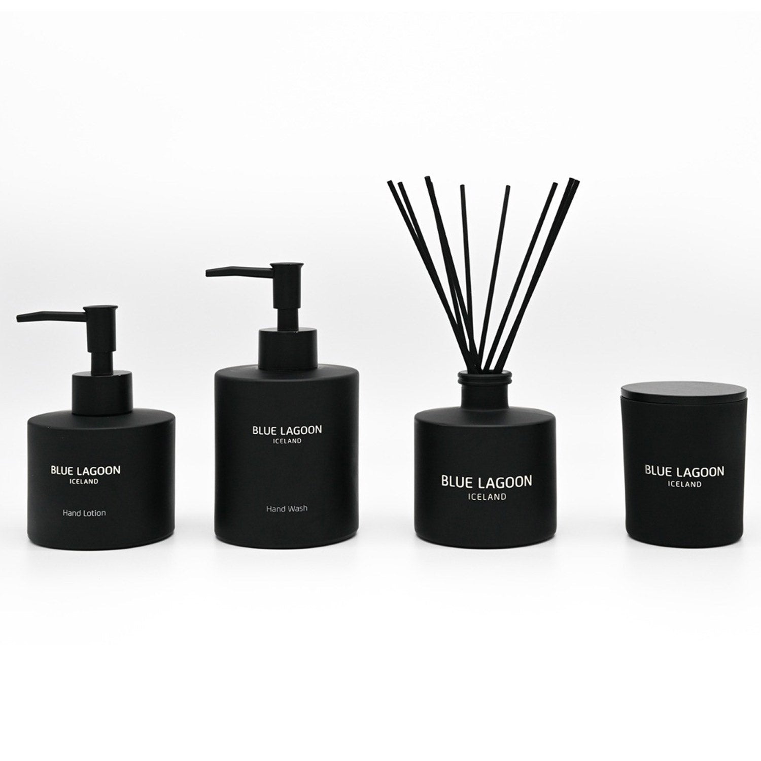 Hand Wash, Hand Lotion, Reed Diffuser and Candle arranged on white background